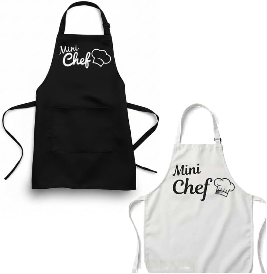 Vida Pratika Kit 2 Aventais Infantil Mini Chef, Preto e Branco, Poliéster e PVC, 65x45 cm, Impermeável, para Crianças de 3 a 10 Anos