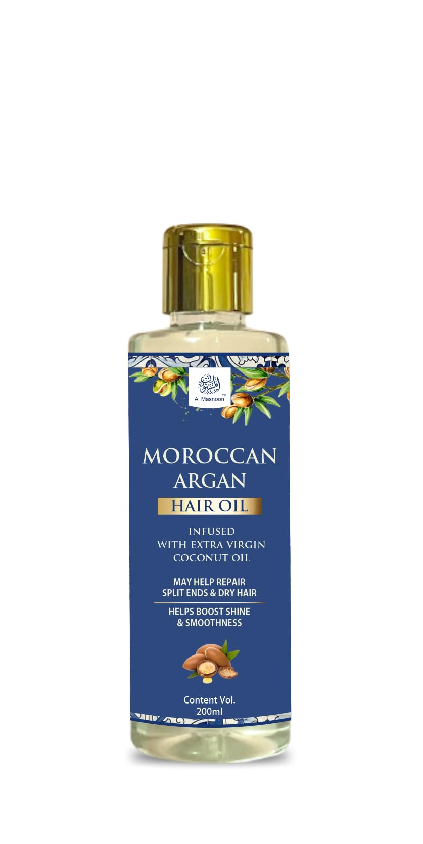 AL MASNOON Morrocan Argan Hair Oil / 200ml | Pure Moroccan Argan Oil & Extra Virgin Coconut Oil | Deep Nourishment for Dry, Frizzy & Damaged Hair | Boosts Shine, Smoothness || Pack of 1
