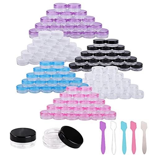 Bekith 120pcs 3 Gram / 3ML Empty Sample Containers with Lids, Plastic Small Pot Jars Clear Tiny Makeup Cosmetic Containers for Creams, Eye Shadow, Powder, with 5 Pieces Mini Spatulas