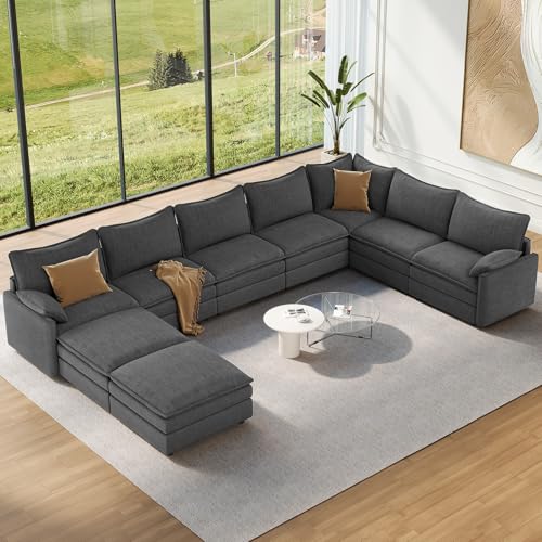 Image of Vesgantti Large Modular Sectional Sofa, Big Comfy Cloud Couch with Ottoman Deep Seat Chenille Cloud Sofa, 9 Seater Large Sectional Couches for Living Room, Bedroom and Apartment, Gray
