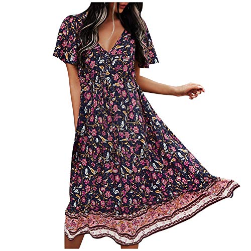 Damen Sommer Retro Print Casual Kleid Bedrucktes Kleid mit Knöpfen für...