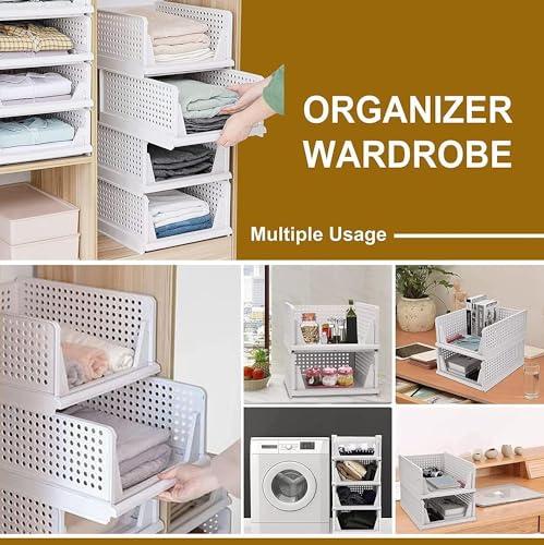 Image of Wardrobe Organizer For Storage TEKCOOL Storage Organizer | Wardrobe Organizer For Clothes | Cupboard Organizer | Foldable Shirt Stacker Box | Cloth Box for Almirah | Closet Storage Basket | Pack of 1;