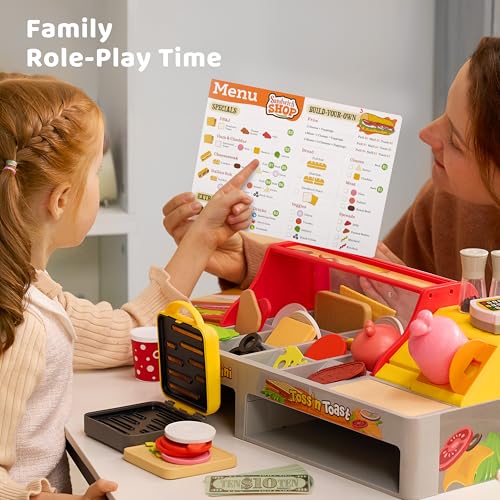 Pretend Play Food Toy for Kids Toddlers, Play Kitchen Toy Includes Panini Maker and Sandwich Making with Slicer for Ham, Menu and Ingredients, Restaurant Pretend Food Toy for Girls Birthday Gift