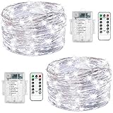 FANSIR Fairy String Lights, 2 Set 33ft 100 Led Fairy Lights Battery Operated Silver Wire Lights with Remote Control, 8 Mode Waterproof Lights for Home Garden Bedroom Centerpiece Wedding Party (Cool white)