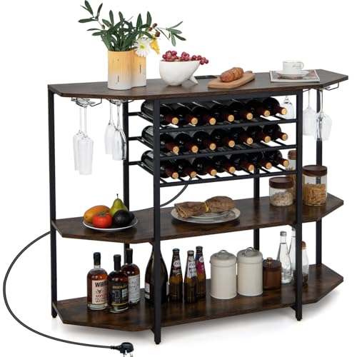 COSTWAY Wine Cabinet, 3 Tier Kitchen Sideboard with 2 AC Outlets, 2 USB Ports, Glass Holders, Wine Rack and Adjustable Footpads, Coffee Bar Table Drinks Cabinet for Living Room Dining Room (Brown)