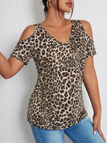 Image of RoseSeek Women's Camo Leopard Cold Shoulder T Shirts Summer Camouflage Tops