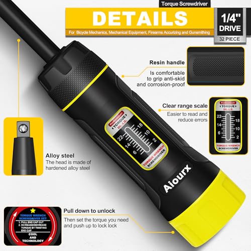 Image of Long Shank Torque Screwdriver Set, 2-22 Inch Pounds lbs, 32 Piece 1 /4 inch Drive Torque Screwdriver Wrench with S2 Steel Bits for Bicycle Mechanics, Mechanical Equipment, and Mounting