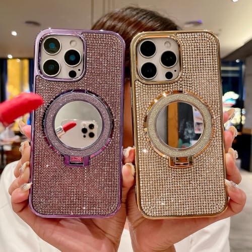 Coque iPhone 13 rose avec support magnétique pliable et strass brillants - 2