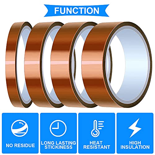 Image of DAOKI 4 Rolls High Temp Tape Polyimide Heat Resistant Tape 4 Size 1 /8 inch, 1 /4 inch, 1 /2 inch, 1 inch x 33m(108ft) Thermal Tape High Temperature Tape for Masking, Soldering, Heat Transfer