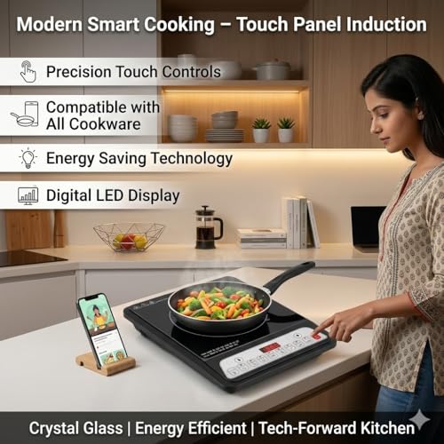 Image of (10 Years Assured Warranty) Portable Induction Cooktop with Touch Panel Toughened Crystal Glass Surface 4 Digit LED Display Compatible with All Cookware Energy Efficient Modern Kitchen