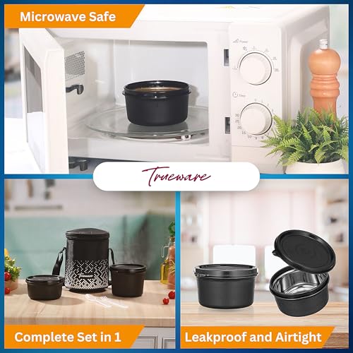 Image of Trueware Omaga Lunch Box with Insulated Fabric Jacket, 2 Microwave Safe & Leak Proof Inner Stainless Steel Containers (1 X 400ml & 1 X 500ml) Tiffin for Office, College