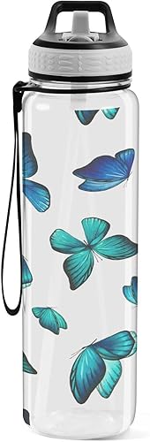 Miniatura 2 de Botella de agua deportiva de mariposa azul acuarela con popote, botella de Tritan a prueba de fugas, sin BPA, botella de agua transparente para