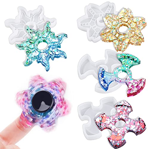 4PCS Fidget Spinner Epoxy Resin Silicone Plaster Mold Kit, Anti-Stress Fidget Toy with 10PCS Bearings, 20 PCS Bearing Caps Mounting Cover for Kids and Adults, DIY Crafts Casting, Home Decoration