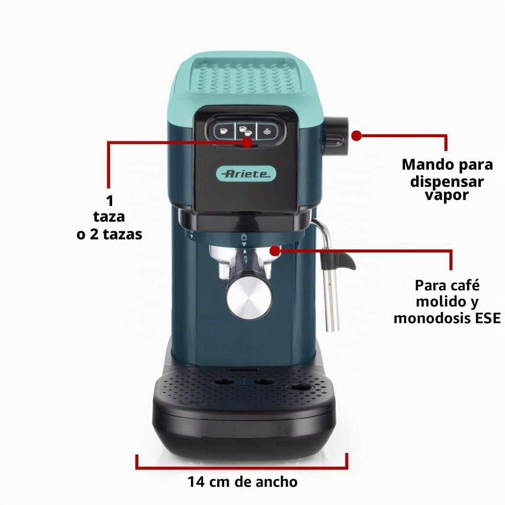 Ariete 1399 Máquina de café espresso, para polvo y almohadillas ESE, 1300 W, capacidad de 1,1 l, presión de 15 bar, filtro 1, 2 tazas y almohadillas ESE, capuchino