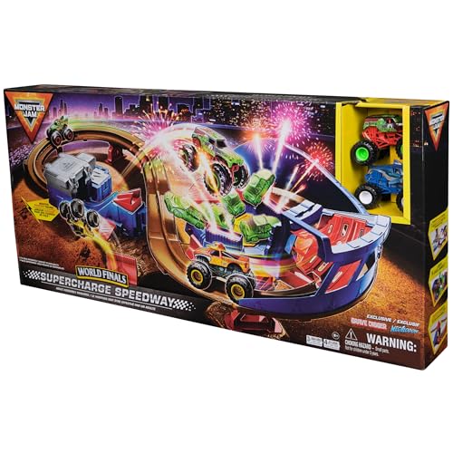 Monster Jam, Supercharge Speedway Playset, Megalodon and El Toro Loco Die-Cast Monster Trucks, Light Up World Finals Track Kids Toys for Boys Ages 3+