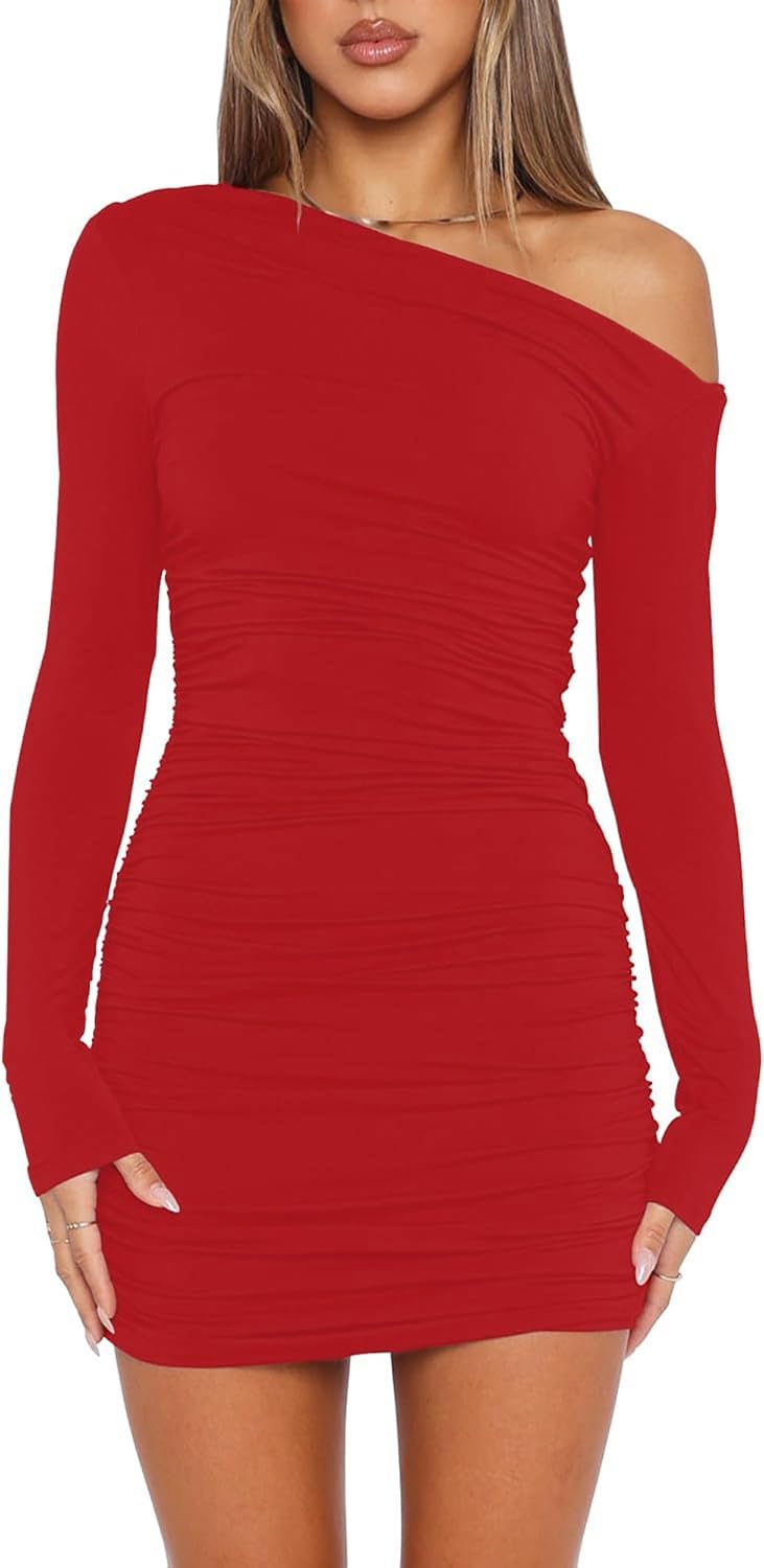 Wenrine Damen Kleider Sexy Schulterfrei Partykleid Langarm Minikleid Rüschen Bodycon Hochzeitsgast Cocktailkleid