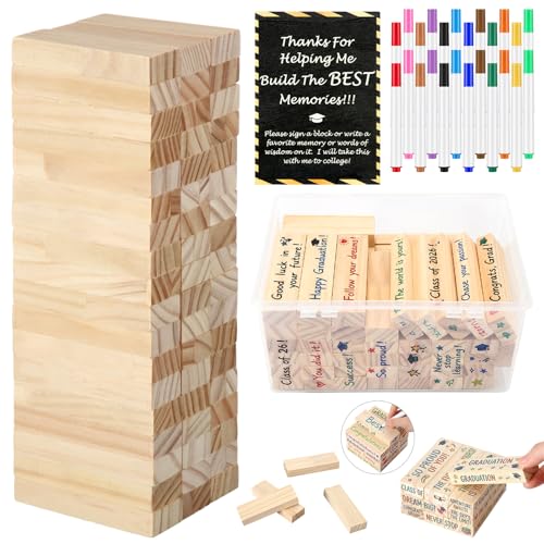 Qunclay 80 Pcs 2026 Graduation Guest Book Alternative Wooden Block Set in Acrylic Storage Box 54 Wood Blocks 24 Signature Pens 1 Grad Ornament Graduation Sign-in Memory Kit Party Favors Decor(Black)
