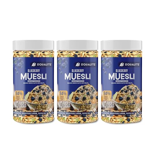 Image of Equalite Blueberry Muesli I Dry fruits I Muesli I Fruit and Nuts I No added sugar I Granola I High protein I Breakfast I Healthy food I Protein food I Gluten Free |No preservatives | High fiber | Omega-3 | High Minerals & Vitamins |Weight loss food I Equalite foods (1050g, Blueberry Combo(Pack of 3))
