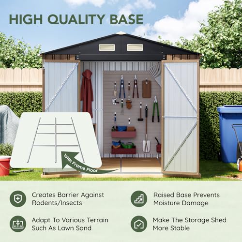 Image of Upgrade 10x8FT Outdoor Metal Storage Shed with Floor Frame, Double Swing Doors,Clear Windows, Tool Shed for Garden, Patio, Backyard Brown