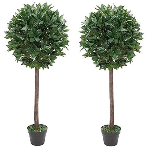 HMWD 2 x Artificial Bay Trees, Pair of Laurel Bay Topiary Faux Trees, High Tree with Real Wood Trunk and Natural Leaf, Premium Quality Natural Appearance - 4ft / 120 cm Cover