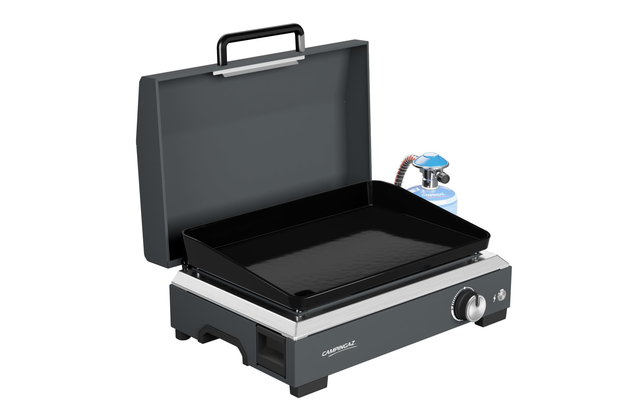 Campingaz Sigma 1 CV Plancha à gaz avec couvercle, plaque de cuisson 2,8 kW, barbecue de table portable, surface en acier émaillé, brûleur avec technologie BlueFlame pour grillades méditerranéennes
