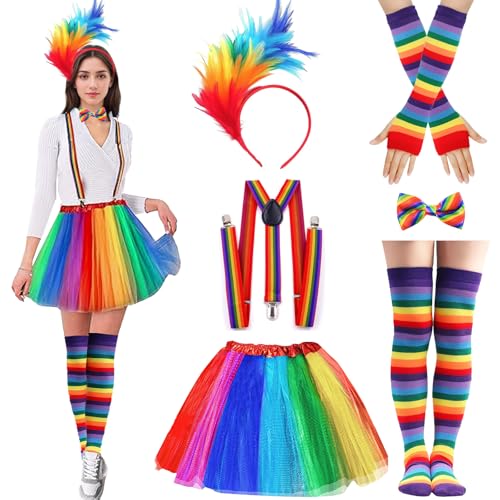 DAZZTIME Saia de tule arco-íris mulher, disfarce de arco-íris, conjunto de disfarce de carnaval, saia de tule para mulher Tutu, correia, diadema de penas coloridas, para festas, carnaval, disfarces de
