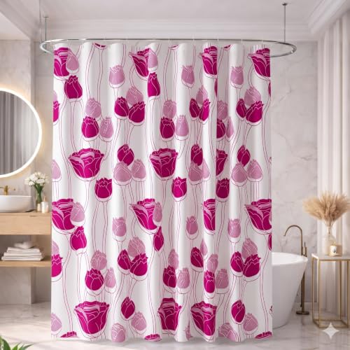 Image of Shower Curtain 7 Feet | Waterproof PVC Printed Bathroom Curtain with 8 Rings | Transparent Stone Print Bathtub Curtain | Extra Long Bathroom Liner, Waterproof & Easy to Clean (Pink Rose,Pack Of 2)