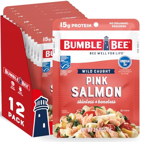 Image of Bumble Bee Skinless & Boneless Pink Salmon, 2.5 oz Pouch (Pack of 12) - Premium Wild Caught Salmon - 15g Protein per Serving, High in Omega-3s - MSC Certified Sustainable Seafood, Gluten Free, Kosher
