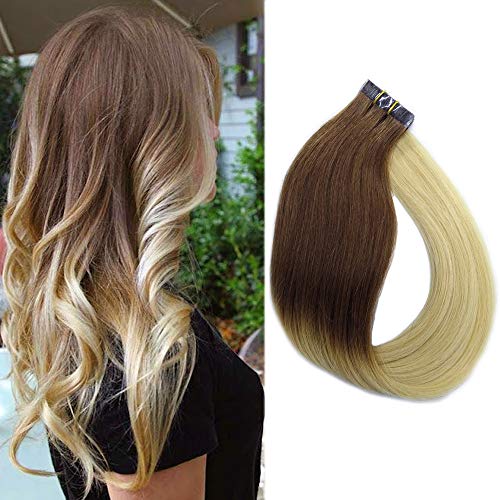Ombre Tape Hair Extensions 20" Brown to Blonde Tape in Extensions 30grams Straight Fine Two Tone Human Hair Extensions Tape ins(O#2/613, 20pcs)