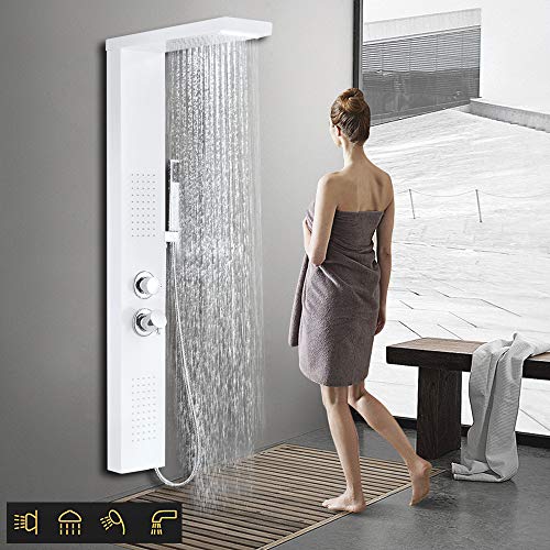 Froadp Regendusche System Edelstahl Gebürstet Duschpaneel Wandmontage Duschset mit Massagedusche Wasserfalldusche und Duschgarnitur Handbrause Luxus Duscharmatur Set für Bad(Weiß Matt)