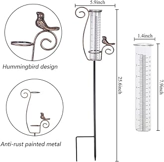 Venniy Rain Gauge Outdoor, 7" Glass Rain Gauge with Metal Stake, Decorative Bird Rain Gauge for Yard Garden Lawn Decor