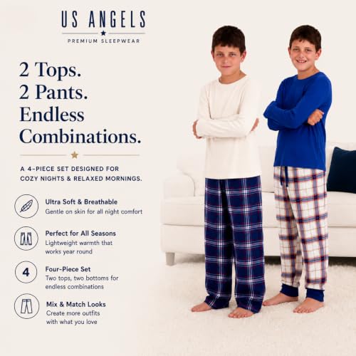 Image of US Angels Boys Pajamas Set | 4-Piece Long Sleeve & Fleece Pants | Soft Warm Sleepwear Pjs for Kids & Teens