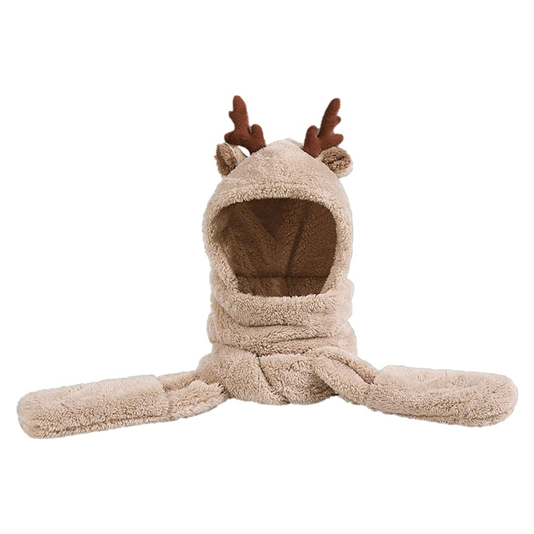sallady beige thick fashion windproof coldproof hoodie hat plush warm soft thermal breathable cozy bear ears hooded scarf with pockets for women