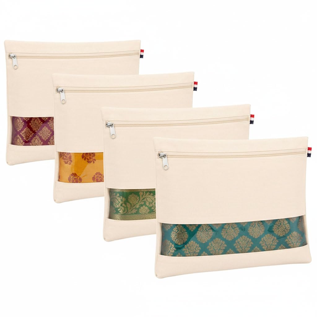 Saree Cover Bag for Wardrobe Storage | Non Woven Saree Organizer with Transparent Window & Smooth Zipper | Water Resistant, Foldable Clothes Storage Bag for Saree, Suit, Kurta | Beige (Pack of 4)-image-28