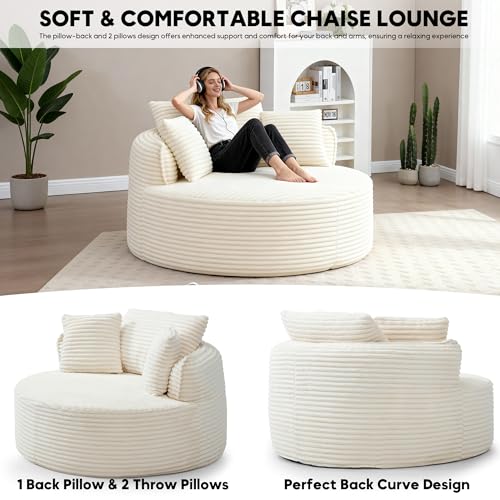 Image of Oversized Round Chair Lounge Chaise Indoor, 53.5 inch Upholstered Corduroy Deep Seat Single Cloud Sofa Chair, Fluffy Modern Large Circle Boneless Sleeper Sofa for Living Room, Bedroom, Beige White