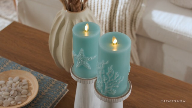 Image of Luminara Embossed Starfish Flameless LED Candle Moving Flame Pillar Unscented Real Wax with Recessed Edge - 3 inch x 6.5 inch (Soft Teal)