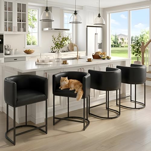 Image of HNY Black Modern Barrel Counter Height Clearance Bar Stools Set of 4, 24 Inch PU Leather Kitchen Barstools with Back for Island, with Black Metal Tubular Frame
