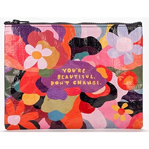 Blue Q Zipper Pouch, You're Beautiful, Don't Change. Great for organizing larger bags. Features a chunky sturdy zipper, easy-to-wipe-clean, made from 95% recycled material, 7.25"h x 9.5"w Cover