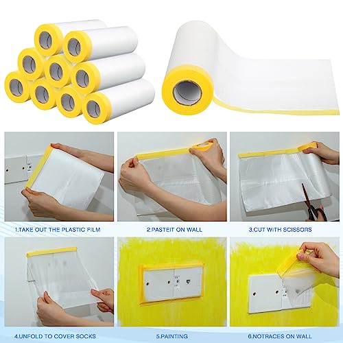 Image of Seajan 9 Roll Painters Plastic with Tape Pre Taped Masking Film for Painting Automotive Paint Adhesive Protective Film Masking Tape Roll Plastic Painting Covering (White,5 x 65 Ft)