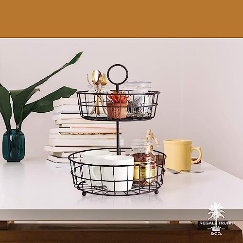2 Tier Fruit Basket For Kitchen Regal Trunk & Co, Wire Fruit Organizer Bowl For Kitchen, Tiered Fruit Holder For Countertop Or Hanging, Matt Brown Fruit Stand In Metallic Frame Produce Holder #TOP6