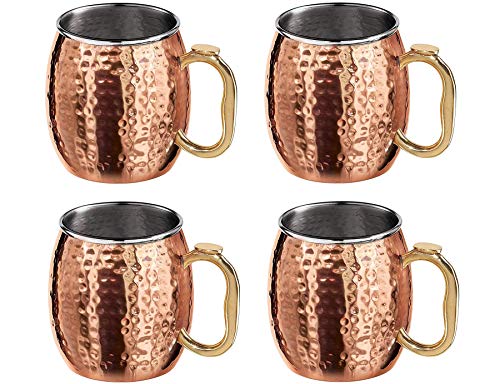 Oggi Hammered Moscow Mule Mugs (18 Oz Each) Copper Plated S/S with EZ-Grip Handle, Set of 4