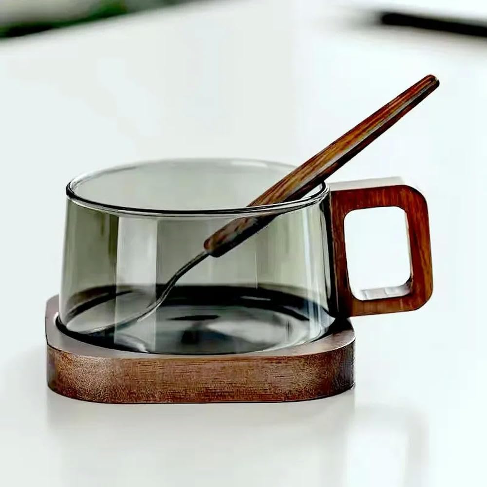 Gymige Black Tray Spoon 200Ml American Latte Glass Coffee Mug With Wooden Tray Spoon Heat-Resistant Milk Tea Cup Fresh Ground Coffee Cup
