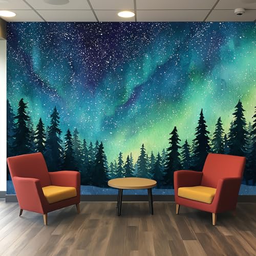 Fototapete Wald, Tapete Blau Grün Himmel Wohnzimmer Schlafzimmer Küche, 350x256 cm, Vliestapete, Poster Tapeten, Wandtapete