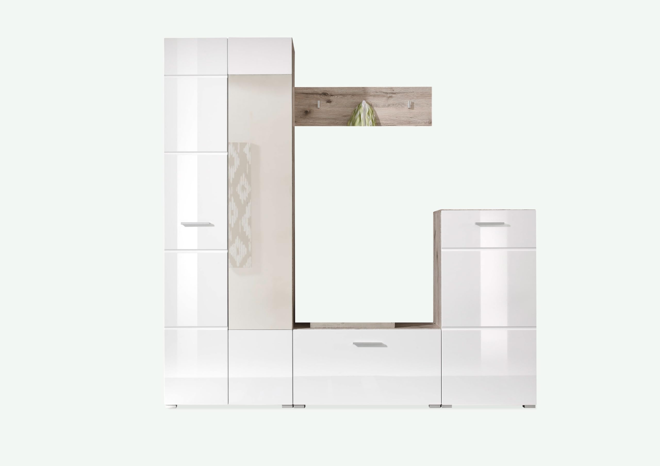 AVANTI TRENDSTORE Tiriolo - guardaroba completo in legno laminato nel colore bianco lucido e quercis sabbia, composto da armadio, panca, comó e mensola. Dimensioni LxAxP 195x195x36 cm