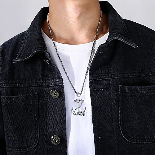 JKJF 2 Pcs Anchor Necklace Vintage Navy Nautical Pirate Chain Necklace Cool Stainless Steel Pendant Necklace Goth Punk Rock Hip Hop Necklace for Men - Black Silver3