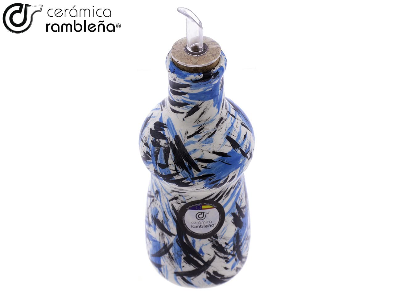 CERÁMICA RAMBLEÑA | Aceitera Amazon | Aceitera antigoteo | Aceitera de cerámica para cocina - Modelo 06 | 300 ml | 100% Decorado a mano | 7x7x20 cm