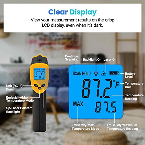 Image of Etekcity Infrared Thermometer Laser Temperature Gun 774, Meat Food Candy Oven Thermometer for Griddle Accessories, Heat Gun for Cooking Refrigerator Tools, Adjustable Emissivity & Max Measure, Yellow