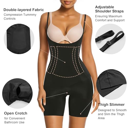Image of SHAPERX Women's Shapewear Bodysuit Smoothing Tummy Control Body Shaper with Adjustable Straps Comfortable Mid-Thigh Shorts