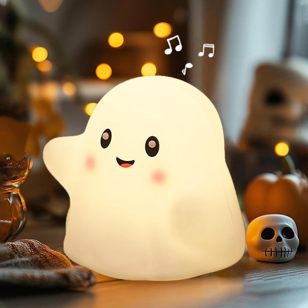 Ghost Night Light for Kids,Halloween Night Light with 13 Interactive Sound Effects ,Cute Silicone Light with 3 Levels of Brightness,Suitable for Indoor Halloween Decorations and Family (white ghost) — image 1