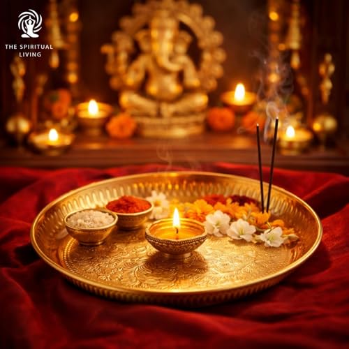 Image of The Spiritual Living Brass Aarti Thali for Puja | 8 Inch | Pooja Items | Home & Office | Pital | Samagri Items | Thali Plate | Prasad Plate for Pooja | Temple | Mandhir | Decorative |